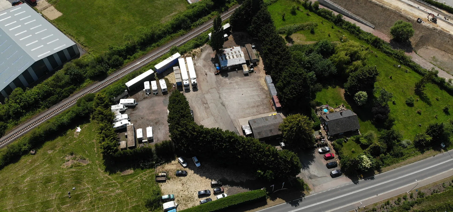 Aerial view of the Orchard Nurseries self-storage and parking yard at Pinvin, Worcestershire